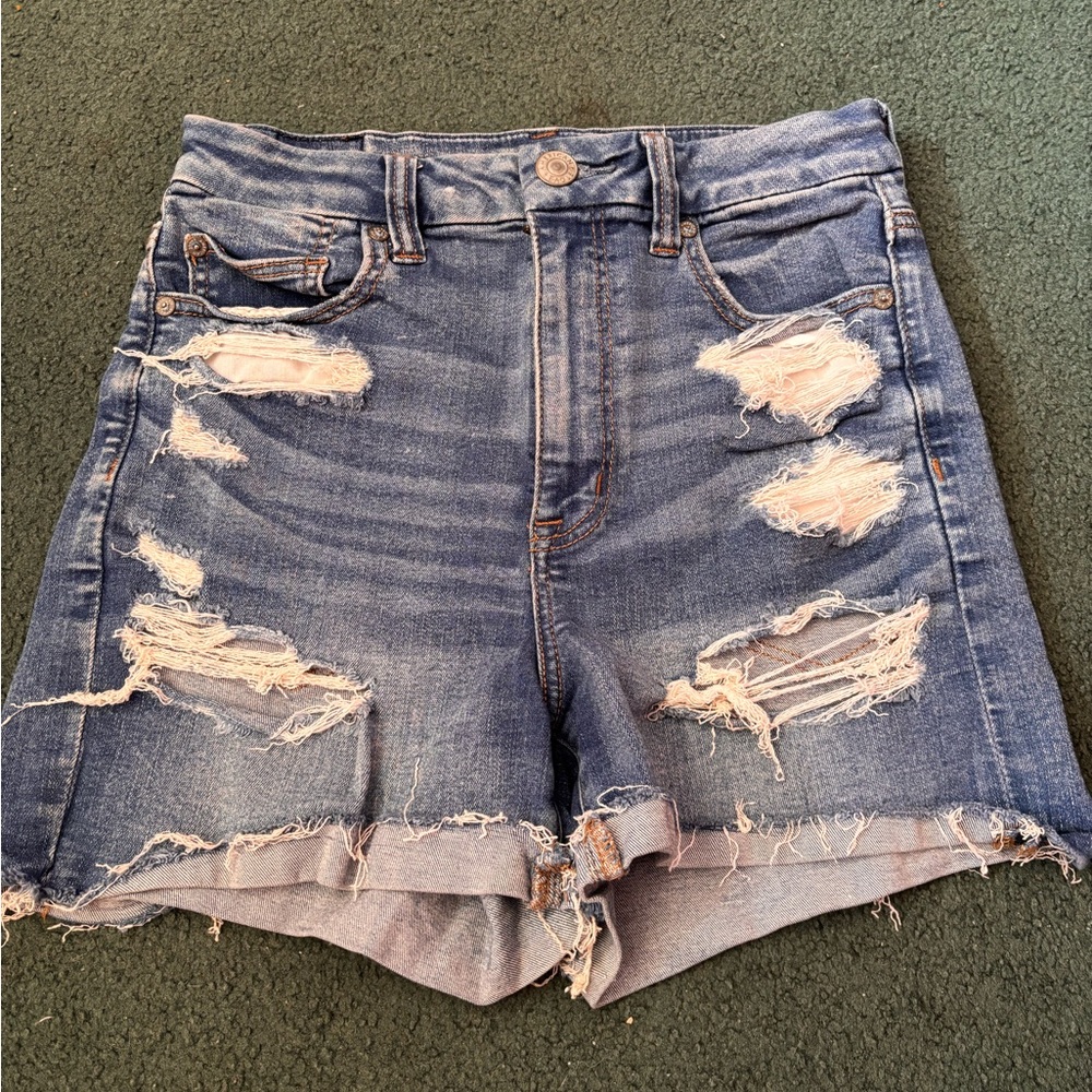 American Eagle Outfitters Distressed High-Rise Denim Shorts - Blue
